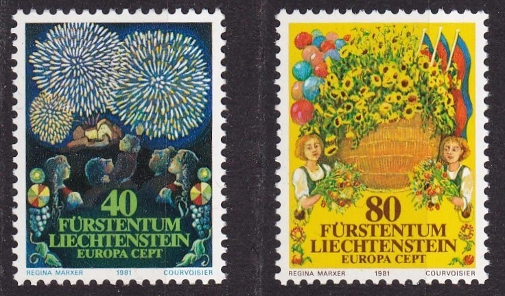 LIECHTENSTEIN #708-709 MNH FIREWORKS VADUZ CASTLE & NATIONSL DAY PROCESSION - Image 1 of 1