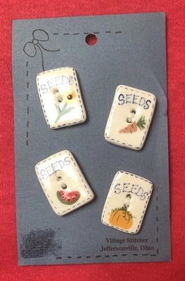 *VTG* ceramic buttons set (4) by Village Stitchers “seeds packets” NEW on card. - Image 1 of 3