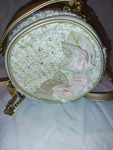 Rare Disney Princess Round Tweed Floral Crossbody Bag Pink Appliqué Gold Chain - Picture 1 of 6