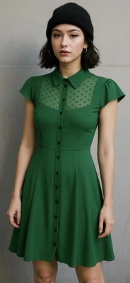 ModCloth Collectif Emerald Green Dress Vintagecore Modgirl Polka Dot Mesh Medium - Image 1 of 4
