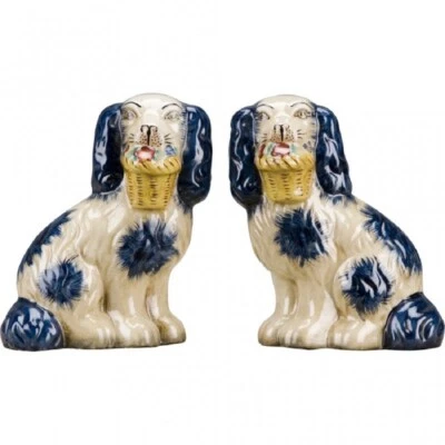 Staffordshire Reproduction Dogs With Flower Baskets Spaniel Pair Blue 7"H