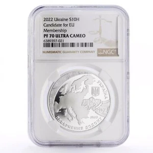 Ukraine 10 hryvnias EU Membership Candidate PF70 NGC hologram silver coin 2022 - Picture 1 of 4
