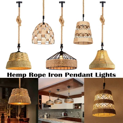 Vintage Retro Industrial Loft Hemp Rope Iron Pendant Ceiling Light Retro Lamp UK - Image 1 of 4