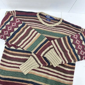 Polo Ralph Lauren Herren gestreifter handgestrickter Aztekenpullover Seide Leinenmischung Large LESEN - Bild 1 von 16
