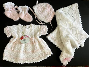 New Hand Made 4 Piece Baby Set Blanket,  Booties, Dress,  and Hat - Picture 1 of 9
