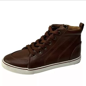 🐻 Boys Cat and Jack Hightop Sneakers Brown Faux Leather Lace Up Side Zip Size 6 - Picture 1 of 3