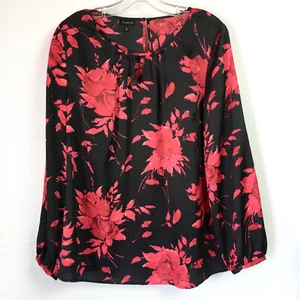 Talbots Womens Medium Blouse Black Red Floral Roses Popover Top Keyhole - Picture 1 of 4