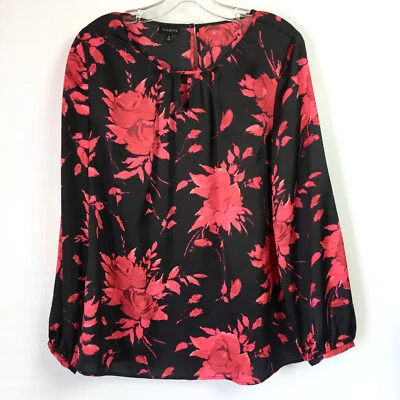 Talbots Womens Medium Blouse Black Red Floral Roses Popover Top Keyhole - Image 1 of 4