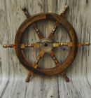 18'Nautical Wooden Ship Steering Wheel Pirate Decor Wood Brass Fishing Wall Boat