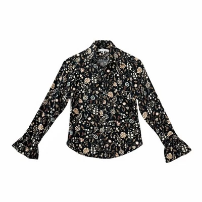 Blusa de seda con volantes MARCO para mujer XS negra floral abotonada oscura Cottagecore Foto 1 de 4