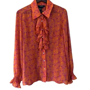 Twiggy London Womens Size Large  Orange Butterfly Sheer Ruffle Blouse Boho - Bild 1 von 15