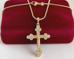 Luxus Halskette Jesus Kreuz Anhänger Zirkonia 585er Gold 14K vergoldet 45cm Uni - Bild 1 von 7
