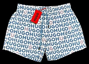 Men's HUGO BOSS White Blue + Logos Swim Trunks Swimsuit XL X-Lrg NWT NEW Tortuga - Picture 1 of 5