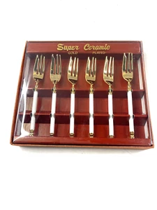 Martian 6 Kuchengabeln Set Super Ceramic mit Goldauflage weiß gold Neu - Bild 1 von 4