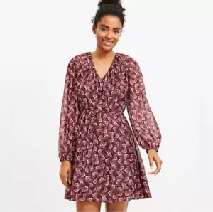 LOFT Long Sleeve V-Neck Burgundy Floral Ruffle Dress Small NEW - Picture 1 of 9