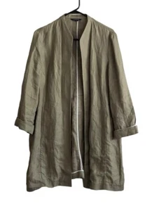 Lands End Jacket 14P Petite Green 100% Linen Duster Boho Flowy Career Lagenlook - Picture 1 of 7