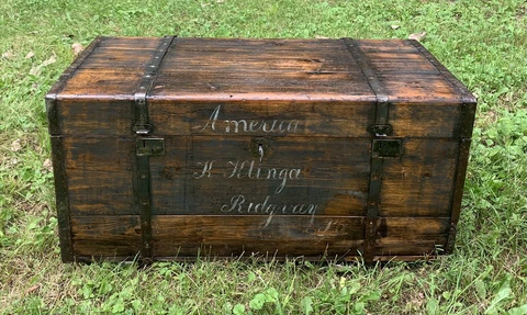 1825 Swedish Wood Antique Primitive Blanket Chest Sea Chest Immigrant Trunk Cover