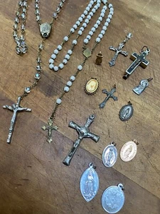 Religious Jewelry Mixed LOT Catholic Rosary Crosses Necklaces Gold Tone 14 Pcs - Picture 1 of 12