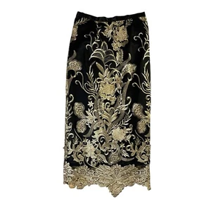 Falda Larga Recta Vintage Negra Metálica Dorada Floral Bordada Malla Glam 8 - Imagen 1 de 5