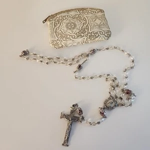 VINTAGE ROSARY BEADS CROSS CRUCIFIX STERLING SILVER CHAIN 925 + POUCH - Picture 1 of 18