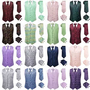 Mens Waistcoat Vest Suit Tie Paisley Regular Tuxedo Hankie Cufflinks Rings Set - Picture 1 of 240