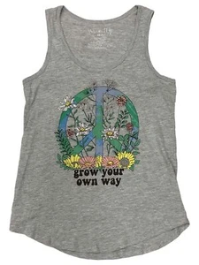 Junior Womens Gray Grow Your Own Way Floral Peace Tank Top Tee Shirt - Picture 1 of 2