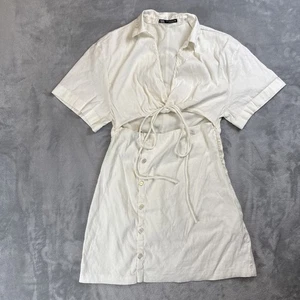 Zara Women's XL Cut Out Shirt Dress Oyster White Linen Blend Short Sleeve - Picture 1 of 10