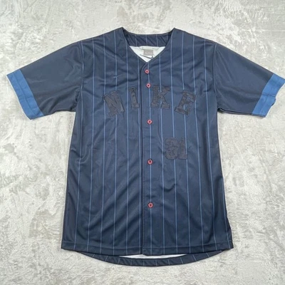 Camiseta deportiva de béisbol Nike vintage de la década de 2000 a rayas abotonadas 31 negra azul para hombre mediana Foto 1 de 4