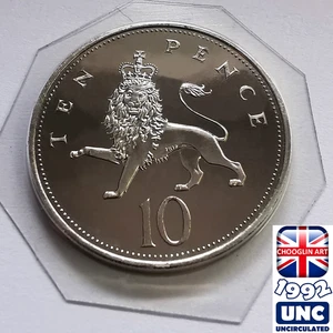 (BRILLIANT UNC) BRITISH 1992 ELIZABETH II TEN PENCE 10p coin - LARGE TYPE - Bild 1 von 2