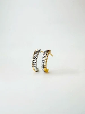 18K Solid Gold Half Hoop Huggie studs Diamond earrings | Minimalist Two tone - Image 1 of 4