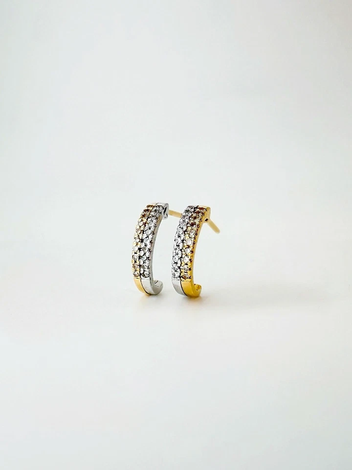 18K Solid Gold Half Hoop Huggie studs Diamond earrings | Minimalist Two tone - Image 1 of 4