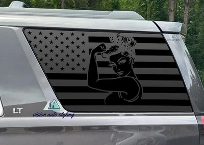 Se adapta a GMC Yukon 2015-2020 cuarto de ventana bandera estadounidense chica calcomanía eléctrica pegatina Foto 1 de 4