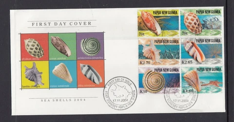 PAPUA NEW GUINEA 2004 SEA SHELLS Set of 6 to 10 Kina on FDC $4.25 Cover
