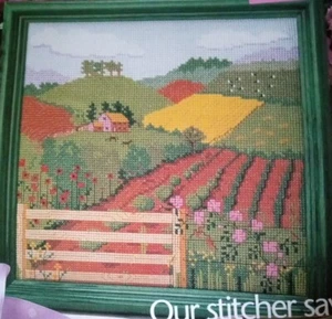 Cross Stitch "COUNTRY SCENE" pattern ~ flowers, pasture, horses, fence - Picture 1 of 1