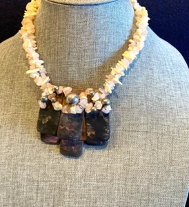 Rose Quartz & Shell 2 Stranded Choker & Pendant . Vintage Rare & One-Of-A-Kind - Picture 1 of 3