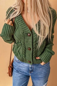 Green Front Pockets Buttons Textured Cardigan - Picture 1 of 8