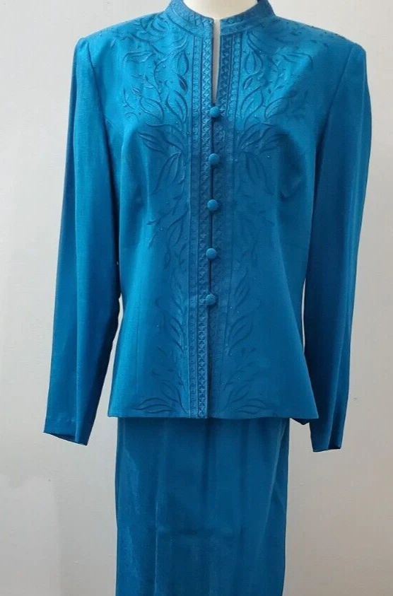 Impresionante Adrianna Papell Talla 12 Verde Azulado 100% Seda Chaqueta Falda Traje 2 Piezas Foto 1 de 4