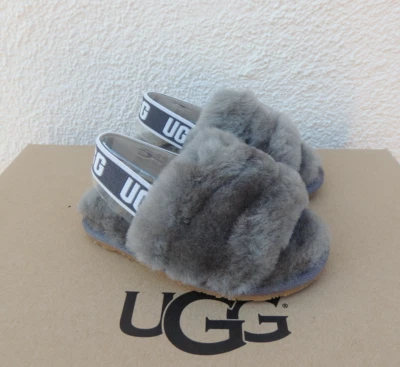 Sandalias UGG CHARCOAL PELUSA SÍ SLIDE PIEL DE OVEJA, NIÑO PEQUEÑO US 6/ EUR 22 ~ NUEVAS EN CAJA Foto 1 de 4