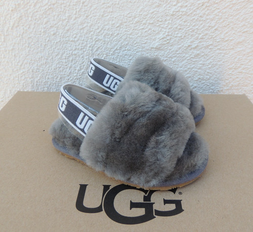 SANDALI UGG CHARCOAL FLUFF YEAH SLIDE PELLE DI PECORA BAMBINO US 6 EUR 22 ~NUOVI CON SCATOLA