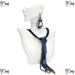 Multistrand Deep Teal Leather Choker w/ Beaded Strands Necklace & Knot Earrings - Picture 1 of 11