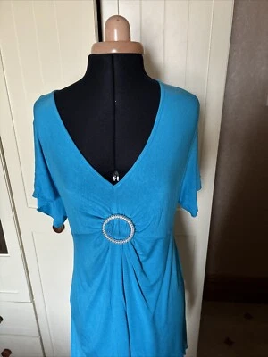 NOUVELLE Collection Tunic Top Size 14 Blue Short Sleeve Fine Stretch Jersey - Image 1 of 4