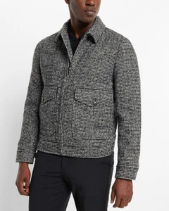 NEW EXPRESS $248 BLACK WHITE HOUNDSTOOTH WOOL BLEND TRUCKER JACKET COAT SZ L - Picture 1 of 6
