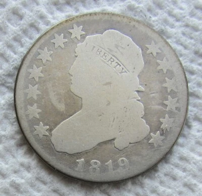 Busto tapado 1819 25C cuarto de plata raro fecha clave Philadelphia bien limpio Foto 1 de 3