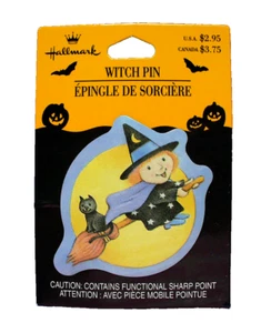Hallmark PIN Halloween Vintage HEXE SCHWARZE KATZE fliegender BESEN DOSE 90er Urlaub NEU - Bild 1 von 4