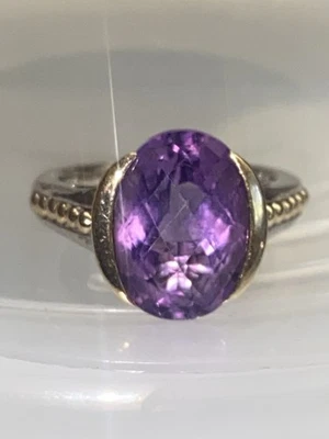 Hermoso anillo de amatista corte baguette de plata esterlina Lorenzo de 18 quilates de diseñador 6 1/2 Foto 1 de 4