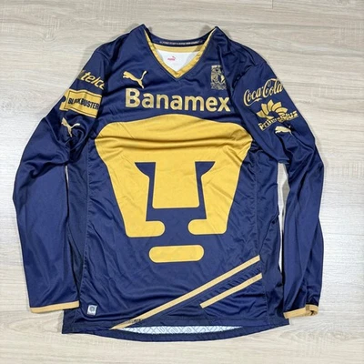 Puma Pumas UNAM Soccer Jersey Long Sleeve Men's M Gold Navy Blue Mexico League - Image 1 of 4