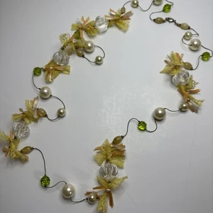 Long Gold Chain Necklace w/ White, Beige & Clear Beads Ribbon & Lace Bows NWOT - Picture 1 of 10