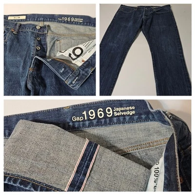 Gap 1969 Jeans Mens 38x32 Blue Japanese Selvedge Slim Button Fly Ringspun Denim - Image 1 of 4