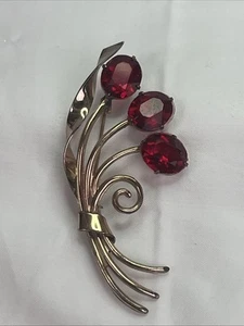 Grande broche vintage argent massif métal or rose verre rouge strass - Photo 1/8