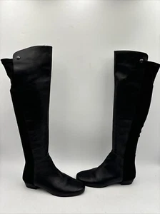 Vince Camuto Karita Black Leather/Fabric Pull On Knee High Boots Womens 6.5M - Picture 1 of 8
